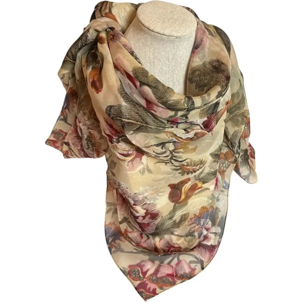 Floral Silk Blend Chiffon Square Scarf Beige Pink Blue 36” EUC